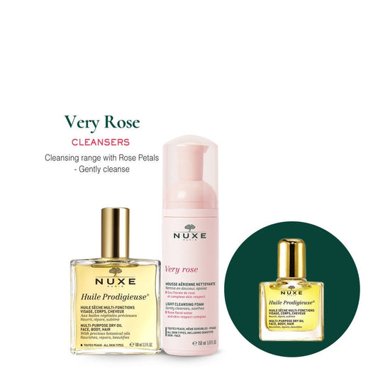 (Bundle) NUXE Huile Prodigieuse Multi-purpose Dry Oil (100ml) + Very Rose Cleansing Foam (150ml) + 10ml Dry Oil